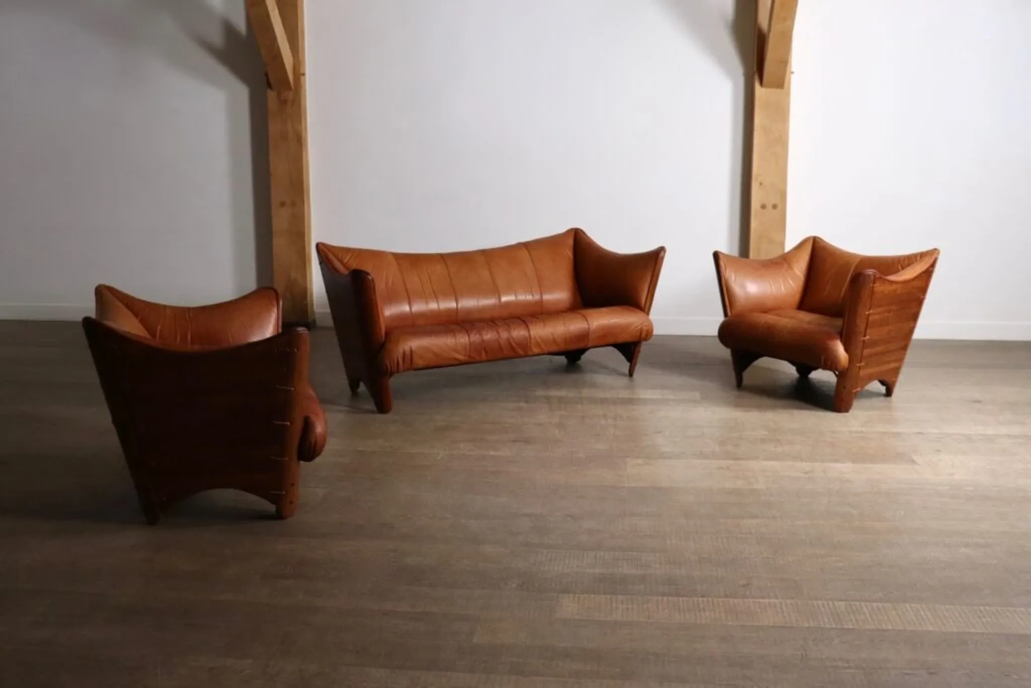 Mid-century sofa in cognac leather and wood by Pacific Green, Australia 1980s