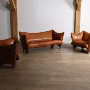 Mid-century sofa in cognac leather and wood by Pacific Green, Australia 1980s