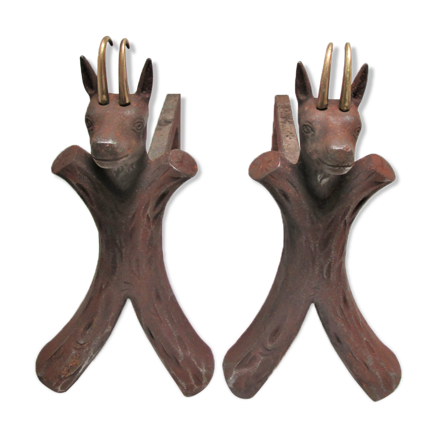 pair of zoomorphic chenets cast iron brass vintage buff