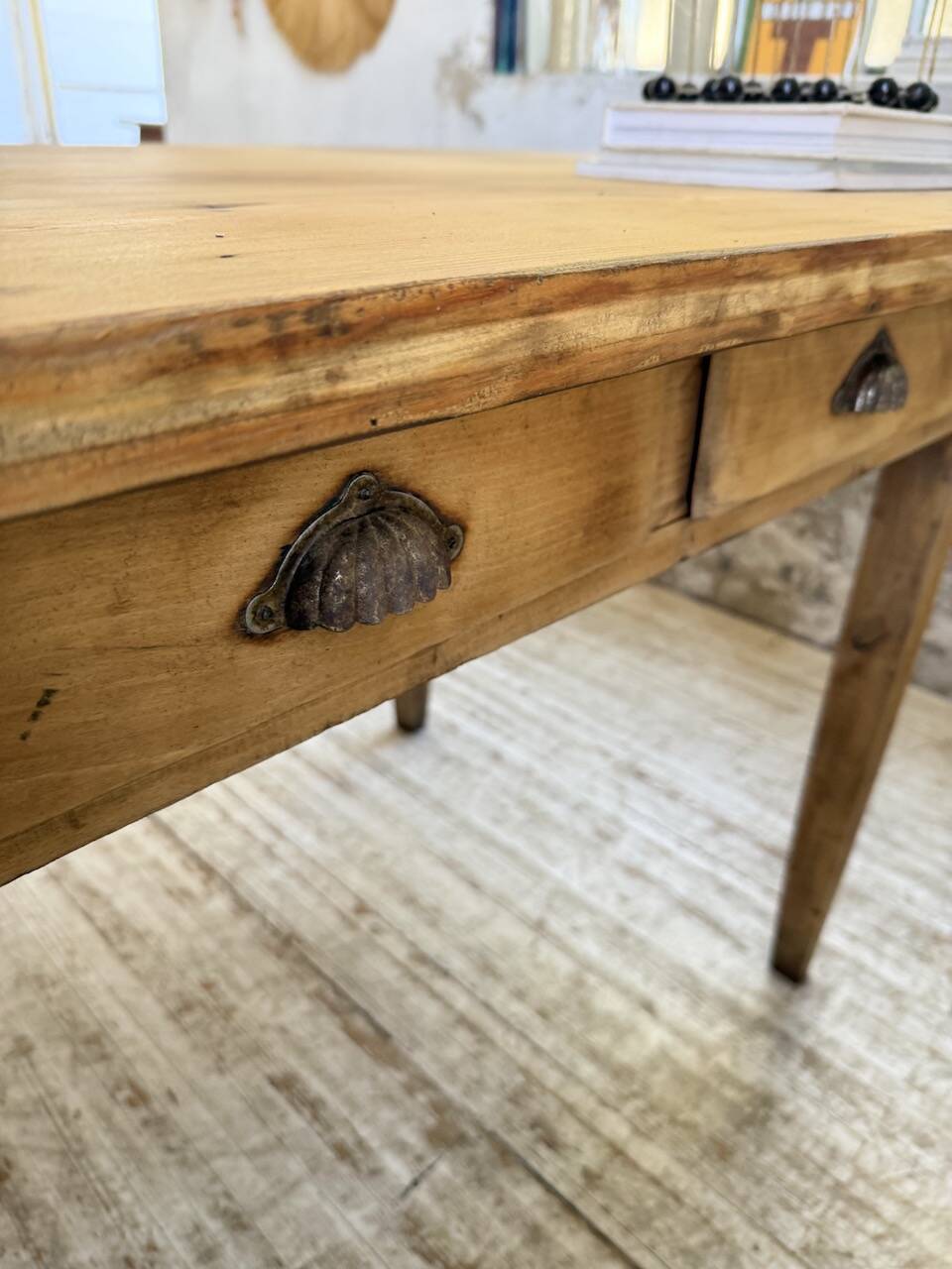 1950s pine and oak farmhouse table with multiple drawers