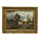 Oil by Lhopin or Hopin signature to identify woman cows Barbizon late 19th century
