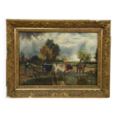 Oil by Lhopin or Hopin signature to identify woman cows Barbizon late 19th century