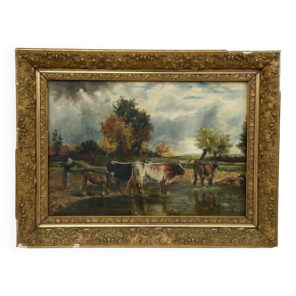 Huile par Lhopin ou Hopin signature à identifier femme vaches Barbizon fin XIXe