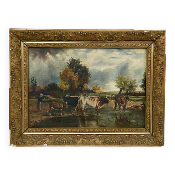 Oil by Lhopin or Hopin signature to identify woman cows Barbizon late 19th century