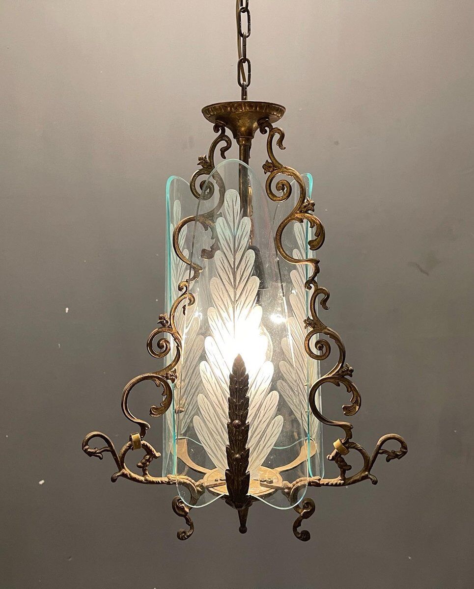 Italian art deco bronze and etched glass pendant lamp