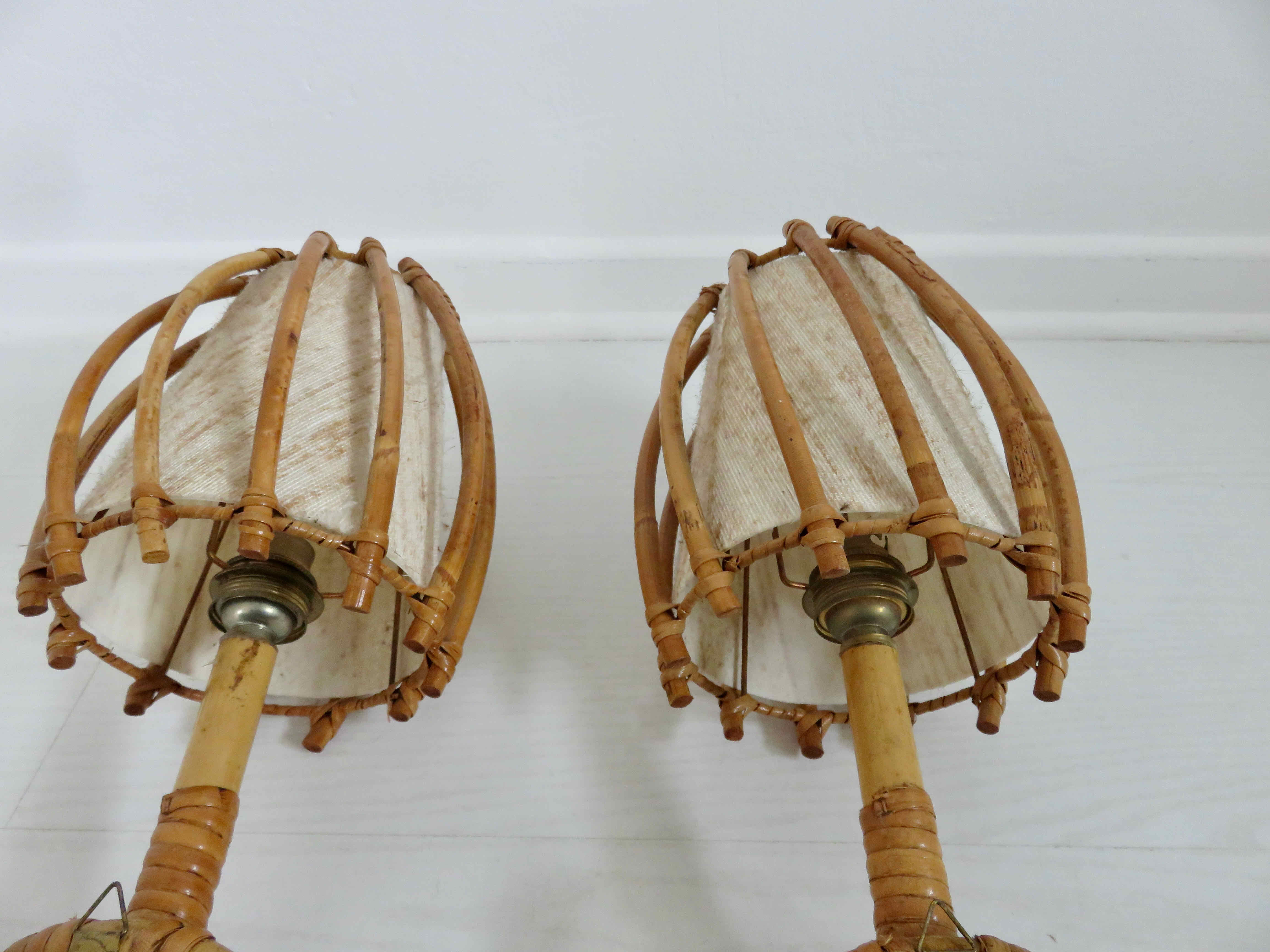 Pair of sconces Louis Sognot in rattan, bamboo 60s