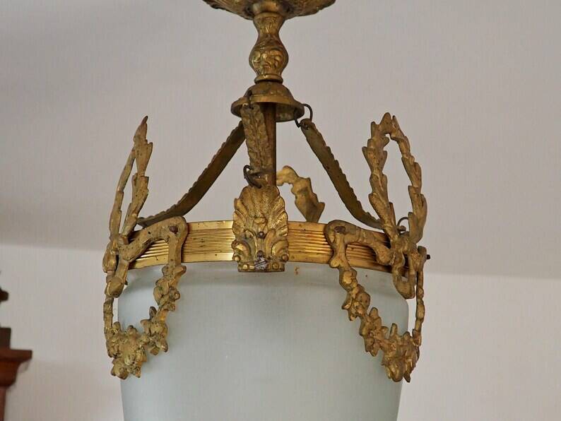 Antique French Louis XVI Style Glass and Bronze Pendant Lamp c. 1900