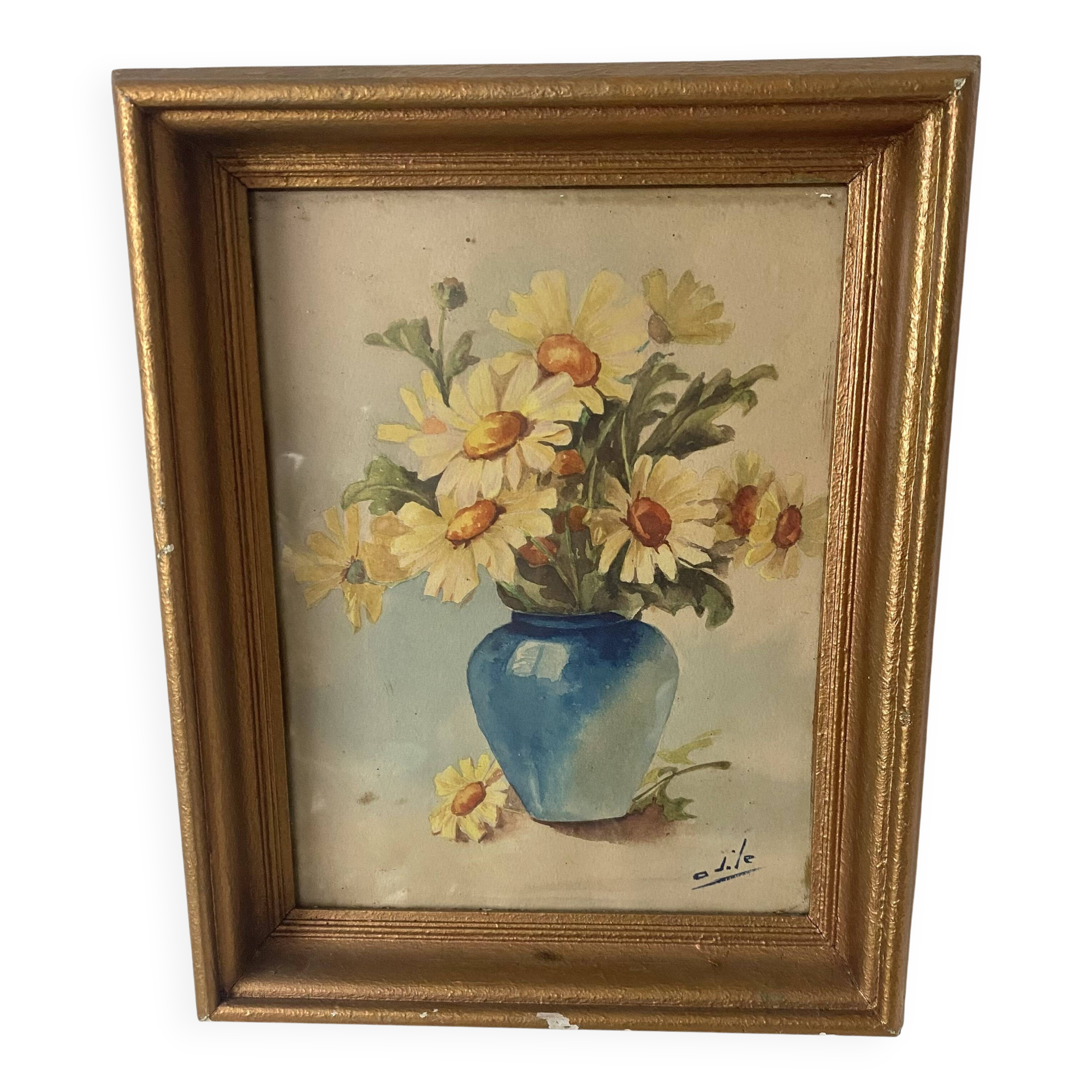 Antique framed watercolor bouquet of flowers