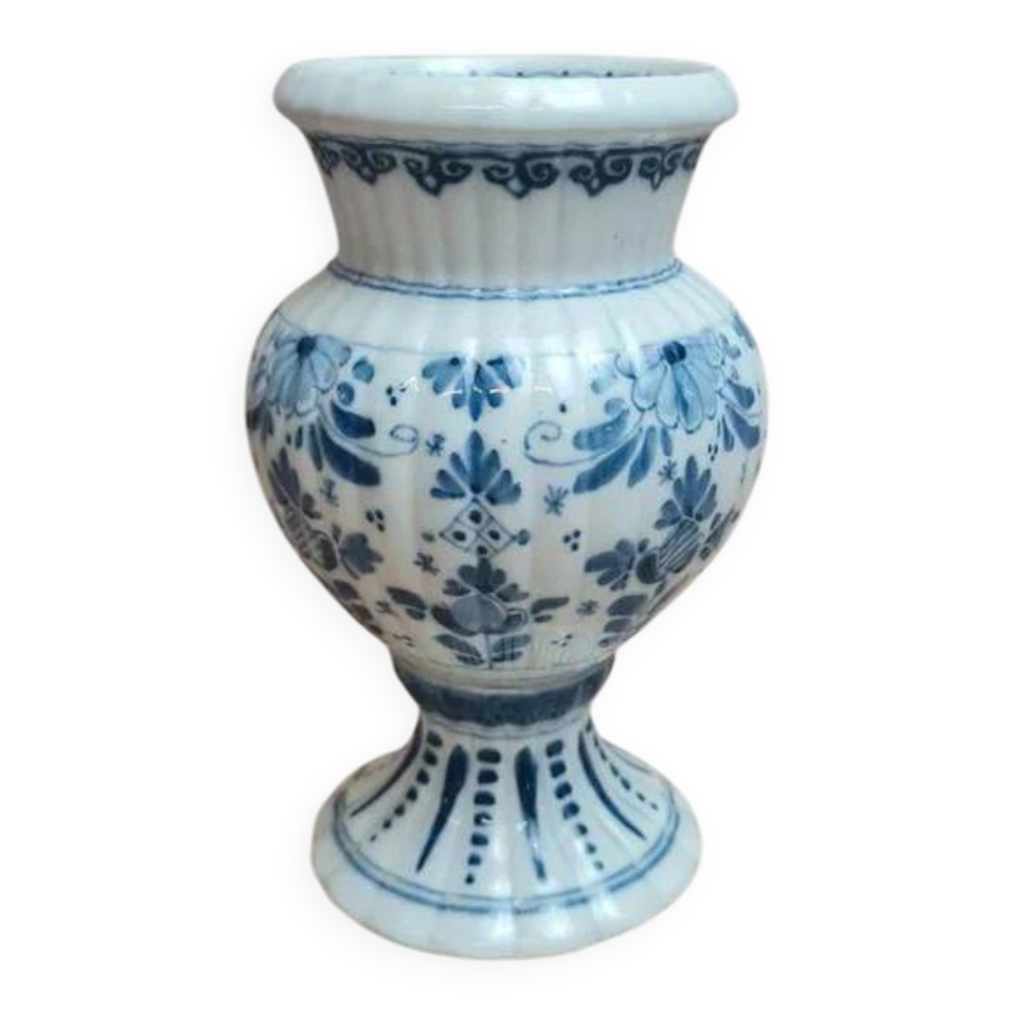 Petit vase vintage style Delft bleu blanc sur piédouche