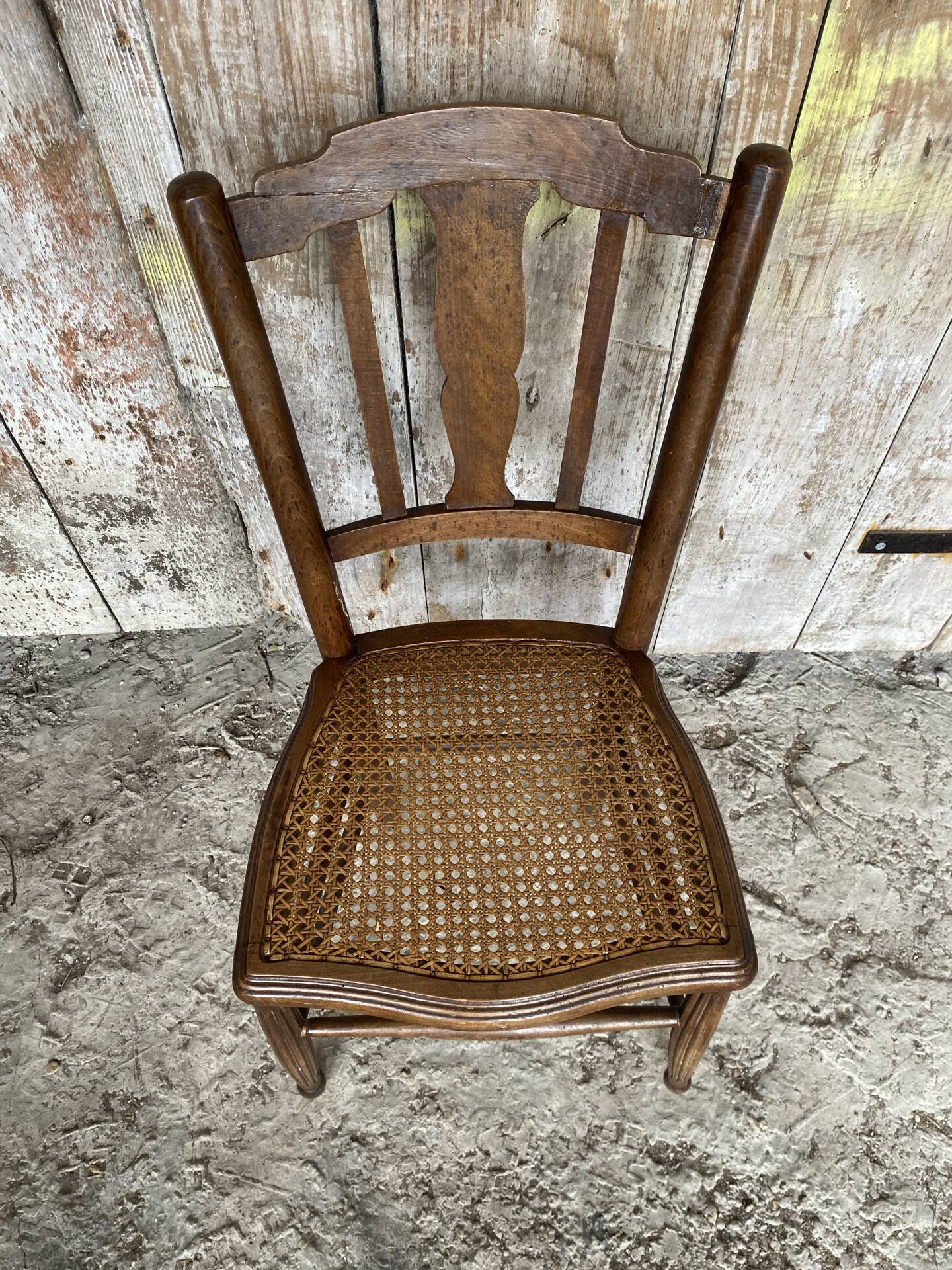 Antique Bistro Chair with Carved Wood and Woven Seat Vintage #E096