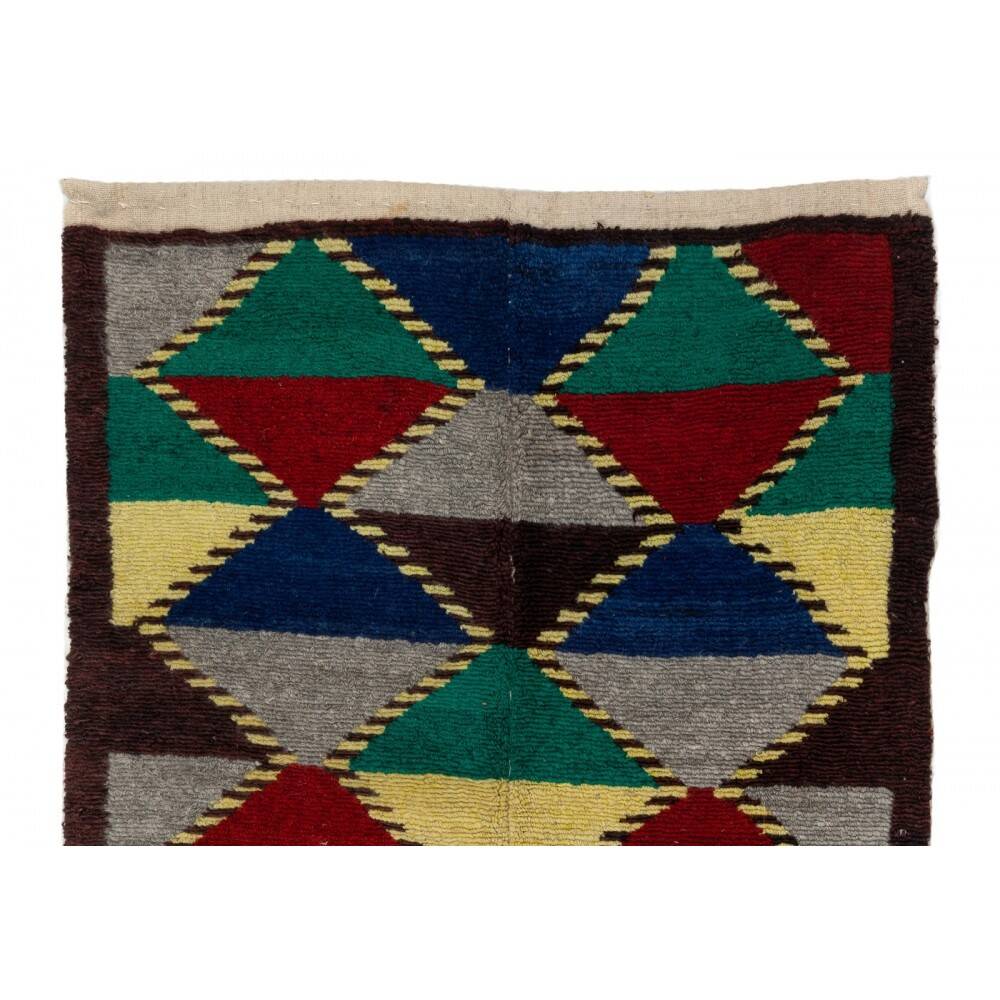 One-of-a-Kind Colorful Vintage Handmade Turkish Tulu Rug with Geometric Design, 100% Wool