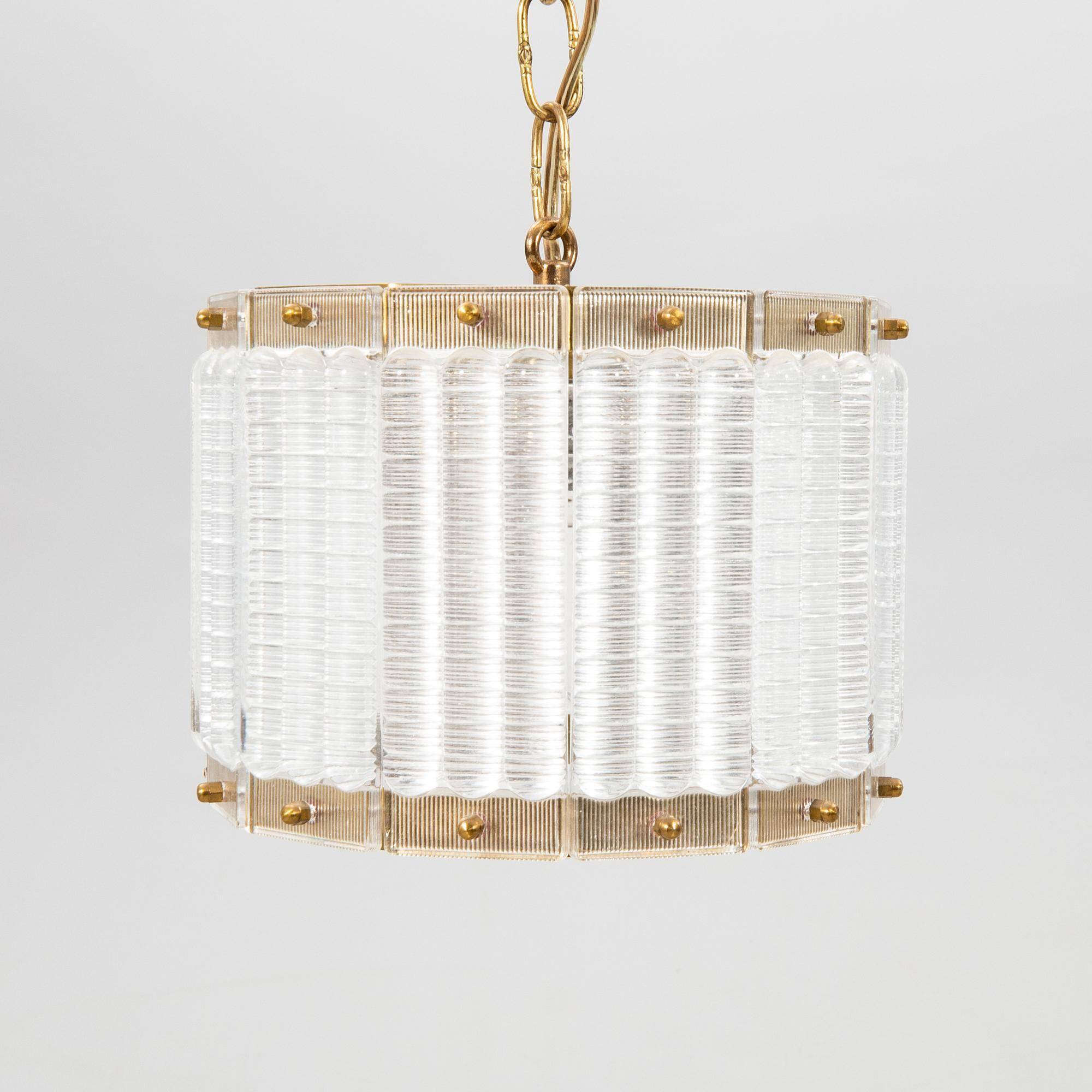 Orrefors ceiling light in brass and glass, Sweden 1960