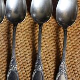 One of 6 silver-plated leafy metal soup spoons