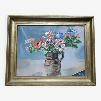 Old signed painting representing a bouquet of anemones