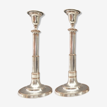 Old pair of silver-plated copper candlesticks