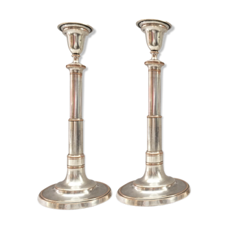 Old pair of silver-plated copper candlesticks