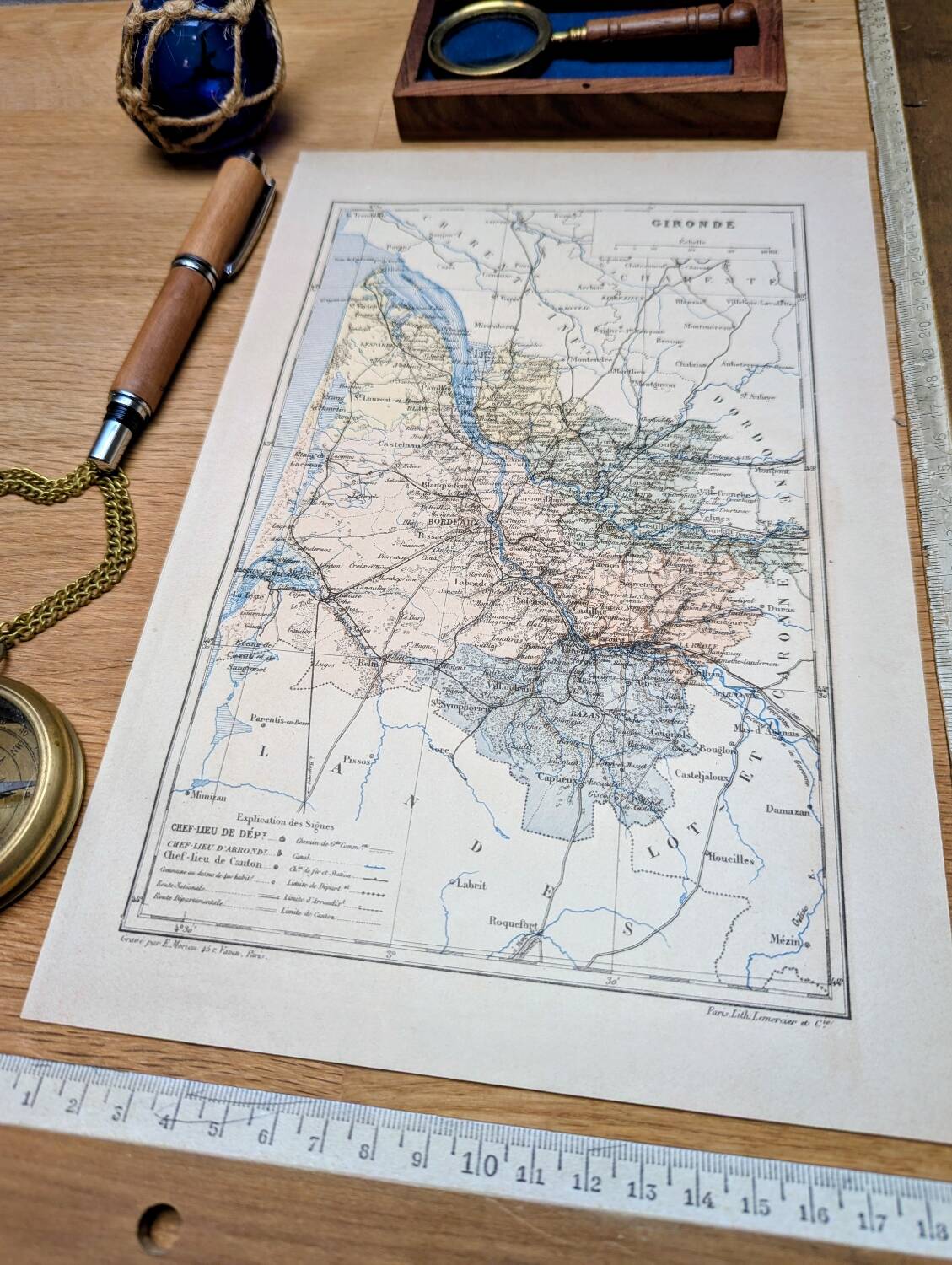 Planche géographique la Gironde, Nouvelle Aquitaine, imprimée en 1889