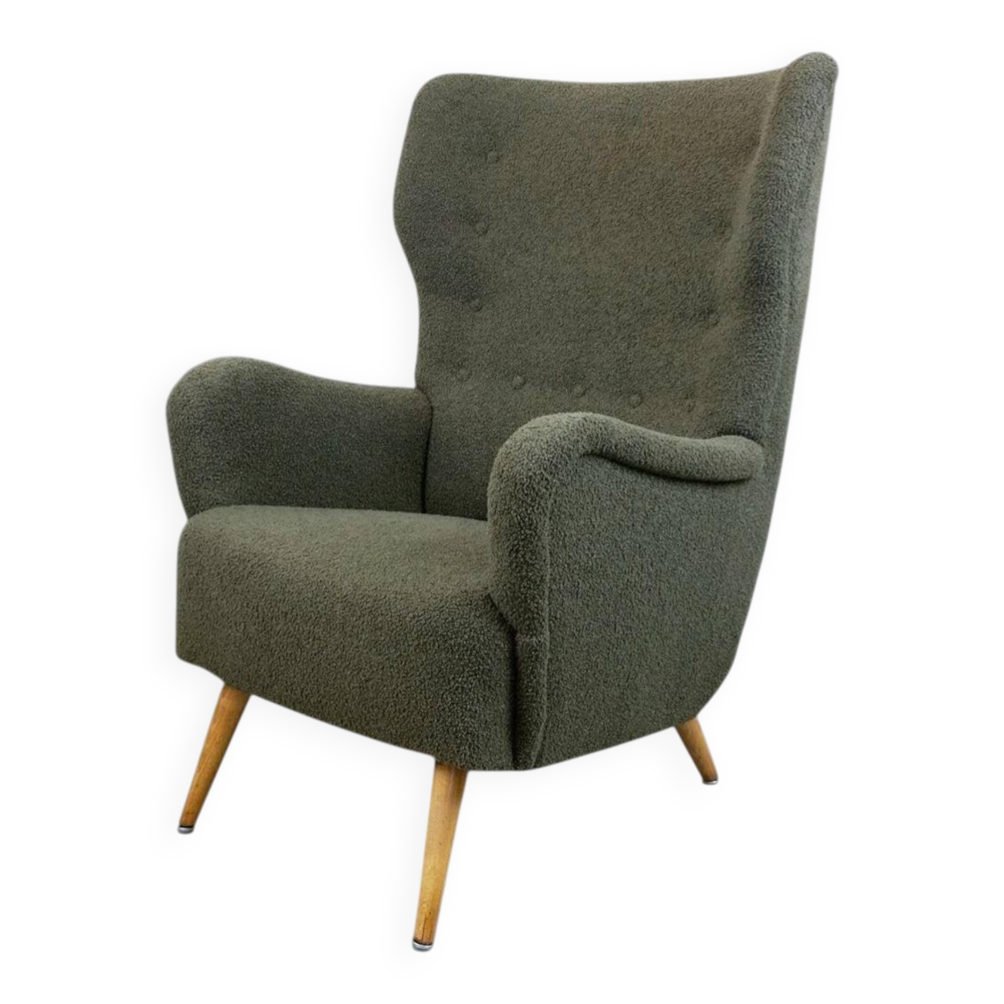 Fauteuil Wingback bouclé gris-vert, Autriche années 50