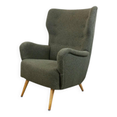 Fauteuil Wingback bouclé gris-vert, Autriche années 50