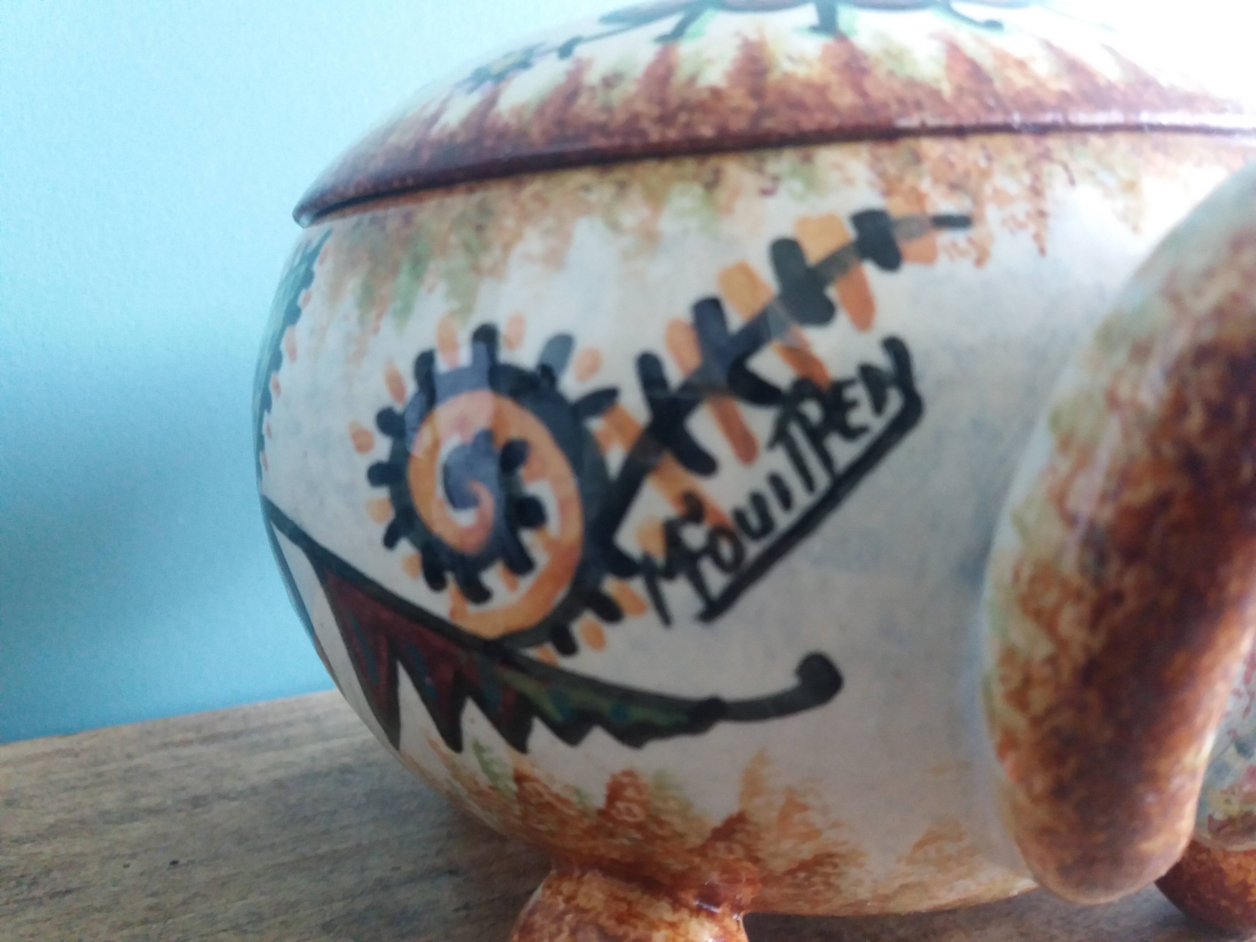 Covered pot workshop Paul Fouillen Quimper signed Maurice Fouillen