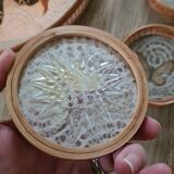 Old bamboo and rattan tray / 6 butterfly coasters / entomology height 4 cm / diameter 28 cm