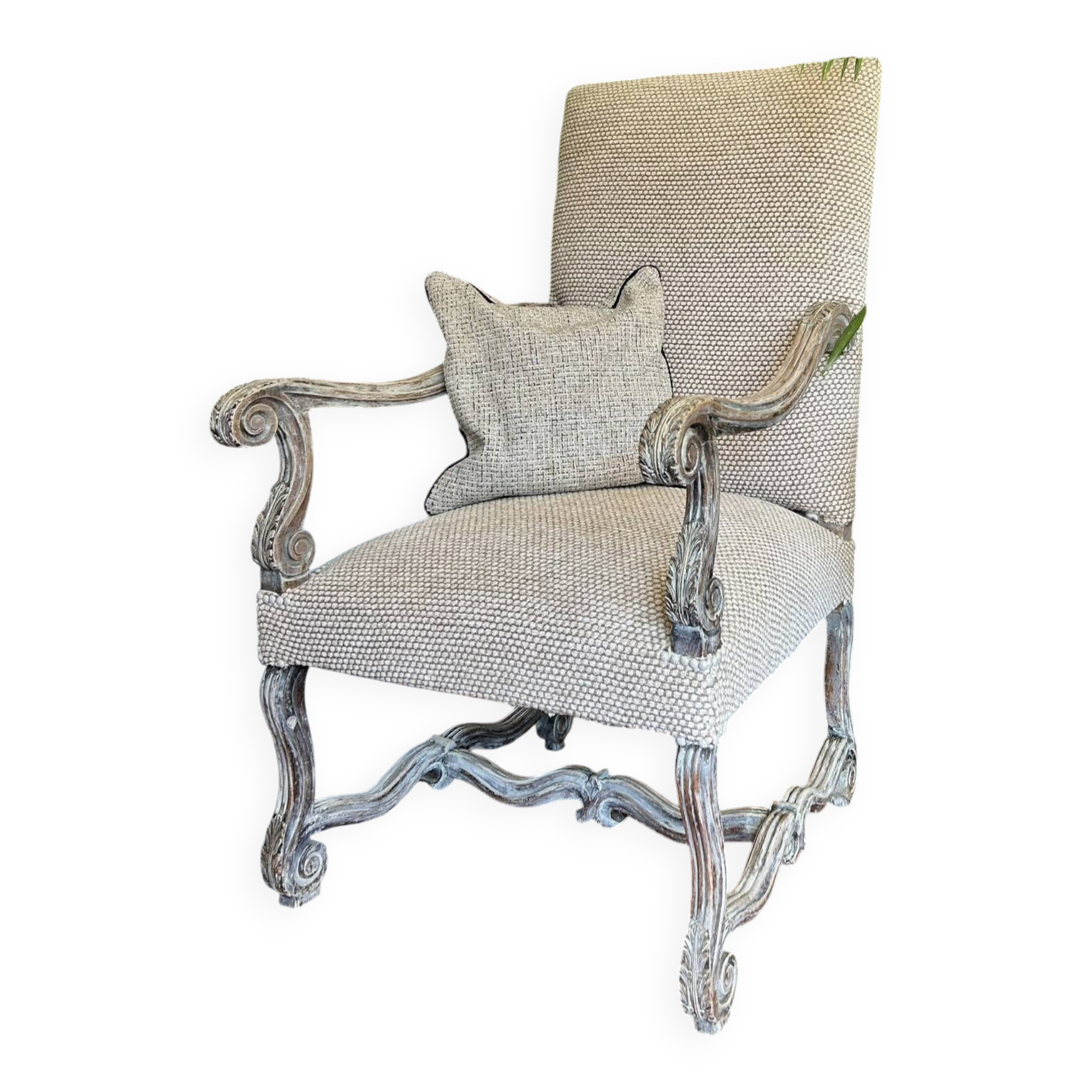 Restored Louis XIII armchair – textured beige fabric