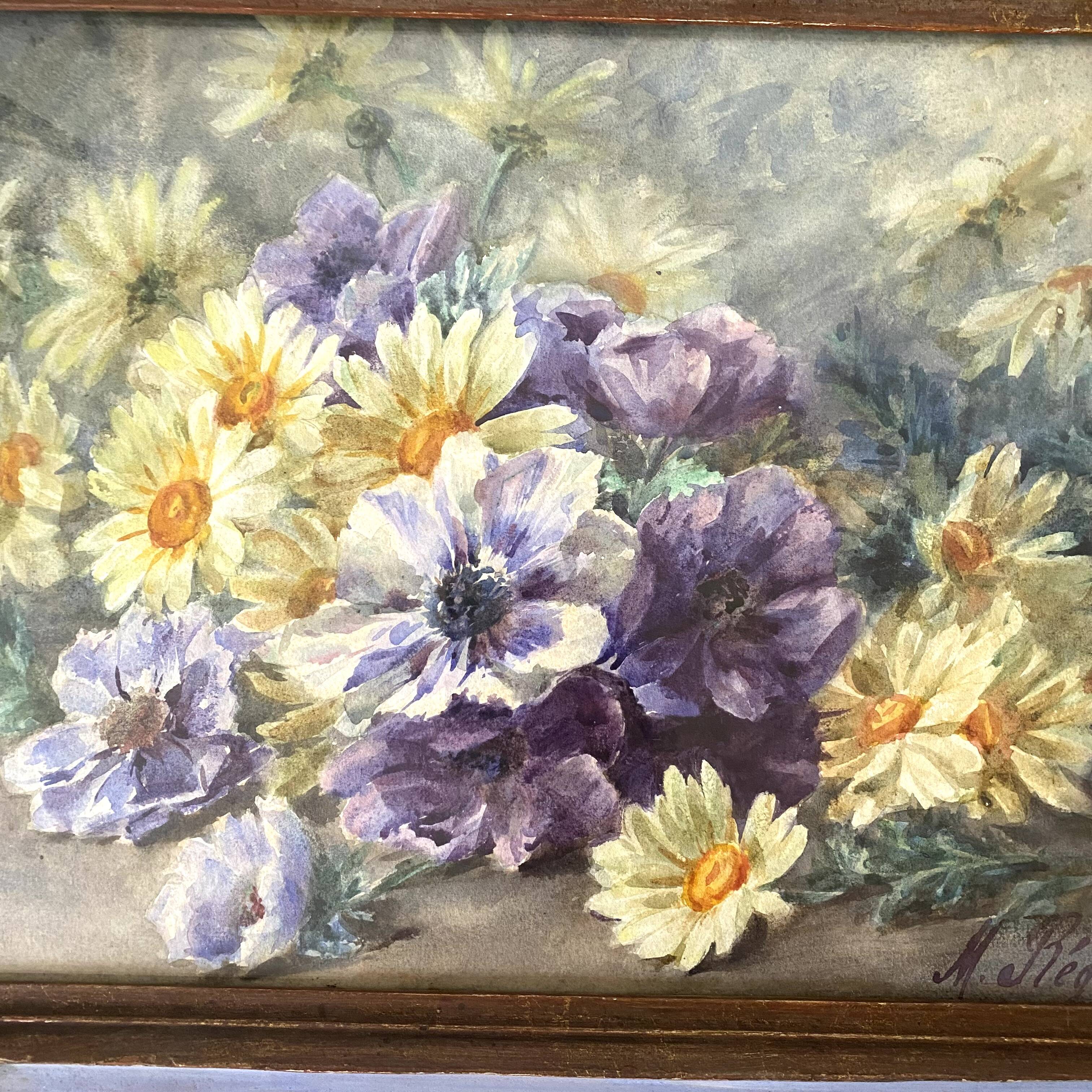 Framed old watercolor flowers M Réginal