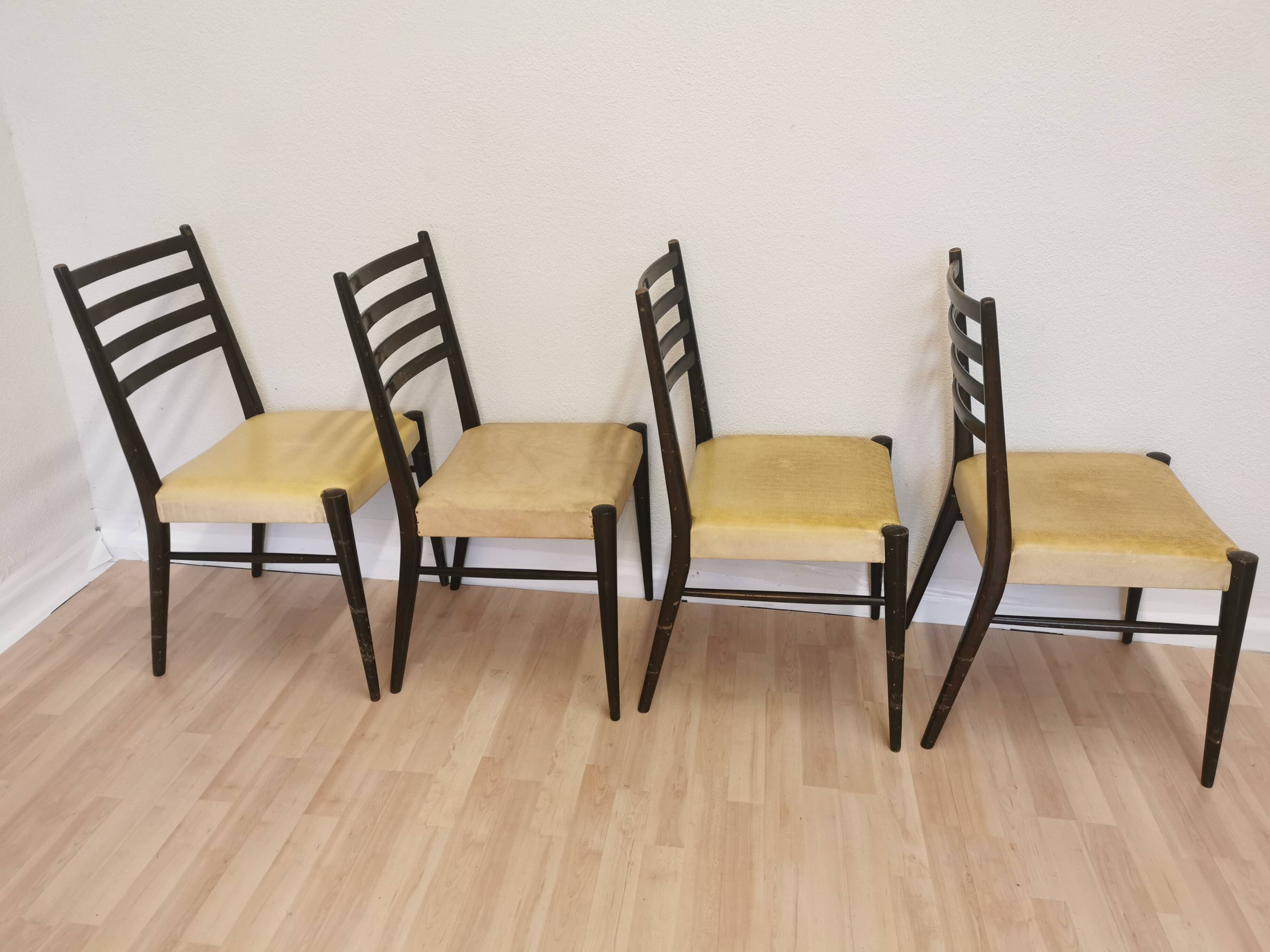 Set of 4 Vintage Wooden Dining Chairs: Beige Faux Leather, Mid-Century Retro