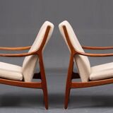 2 teak and ecru fabric armchairs, Denmark 1960
