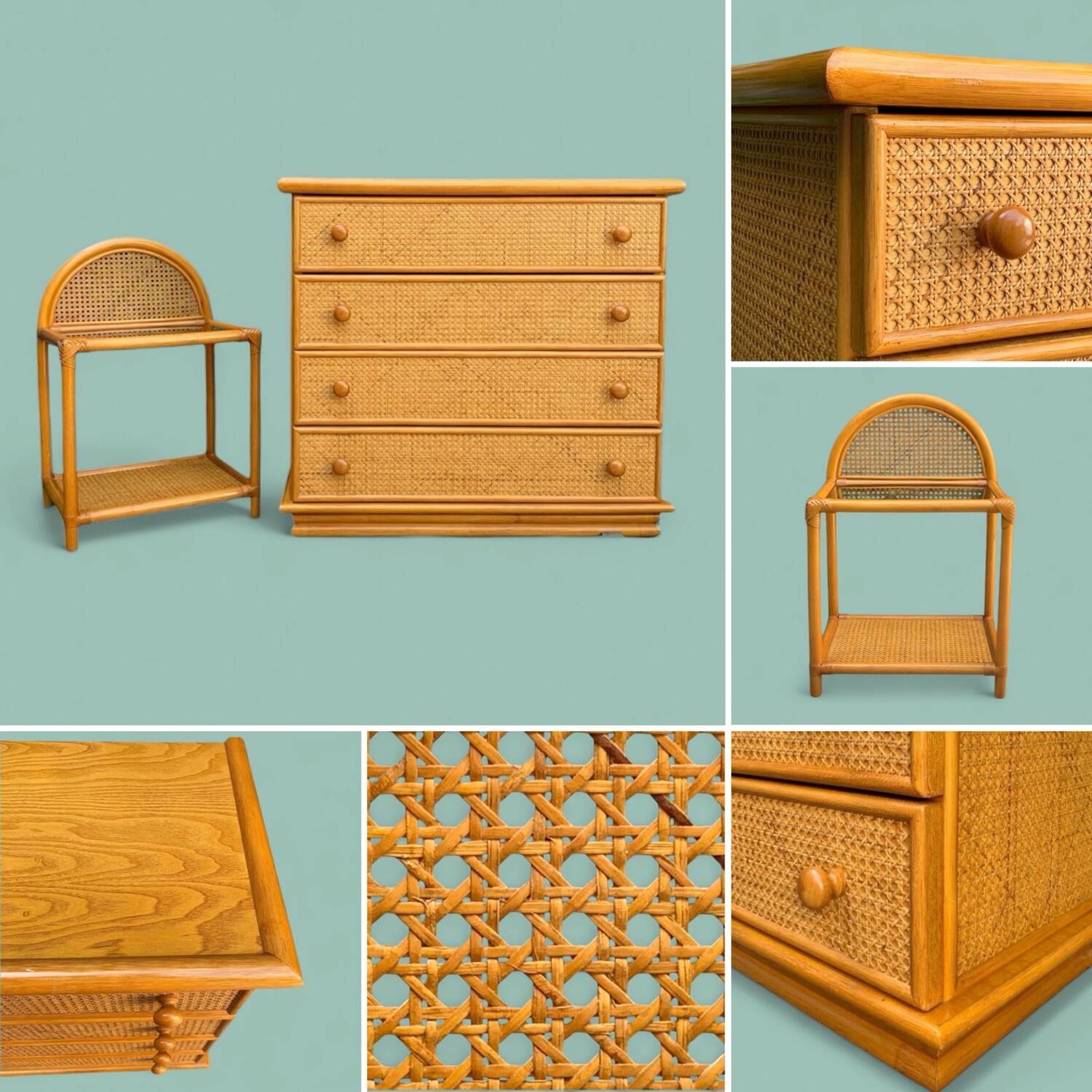 Dresser and its bedside table in rattan caning and vintage oak from the 1970s.