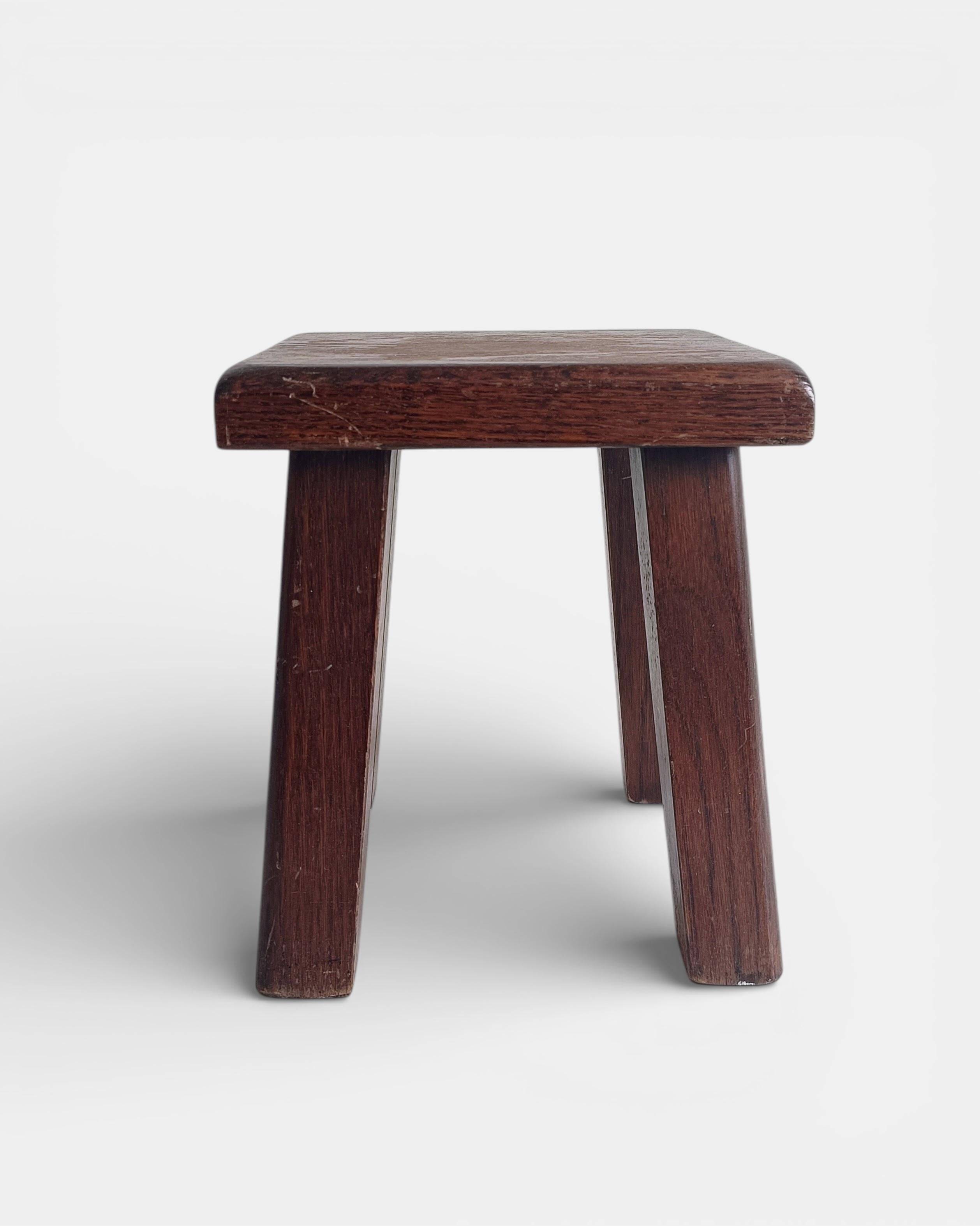 Vintage Rustic French Oak Stool in Pierre Chapo Style, Early 20th-C
