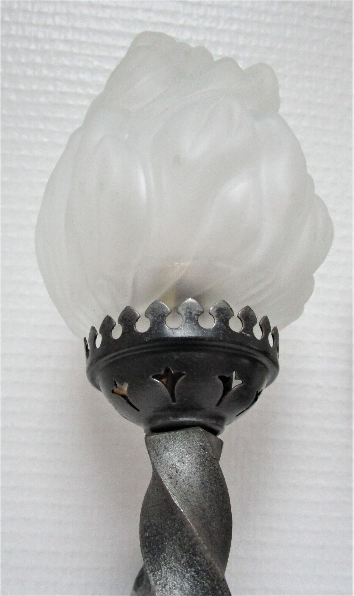 Pair of wall lamps torch glass flame and metal early XXth