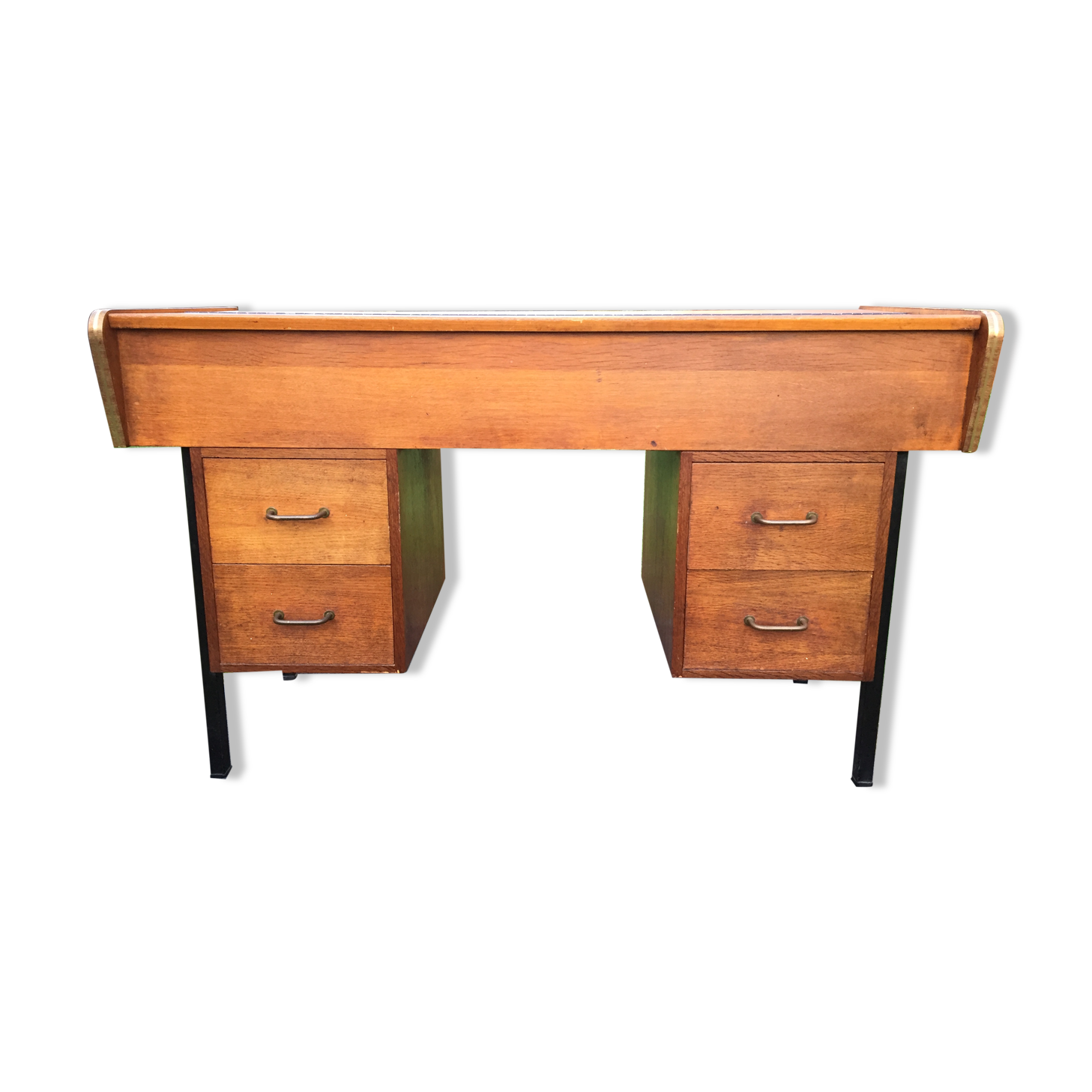 Vintage oak console desk table with square metal tube base (knitting machine)