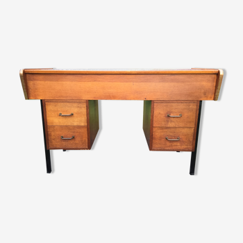 Table bureau console vintage en chêne à piétement en tube de métal carré (machine à tricoter)