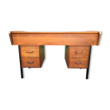 Table bureau console vintage en chêne à piétement en tube de métal carré (machine à tricoter)