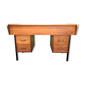 Table bureau console vintage en chêne à piétement en tube de métal carré (machine à tricoter)