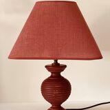 Pretty Turned Wood Lamp, Raspberry Red Color, Linen Lampshade