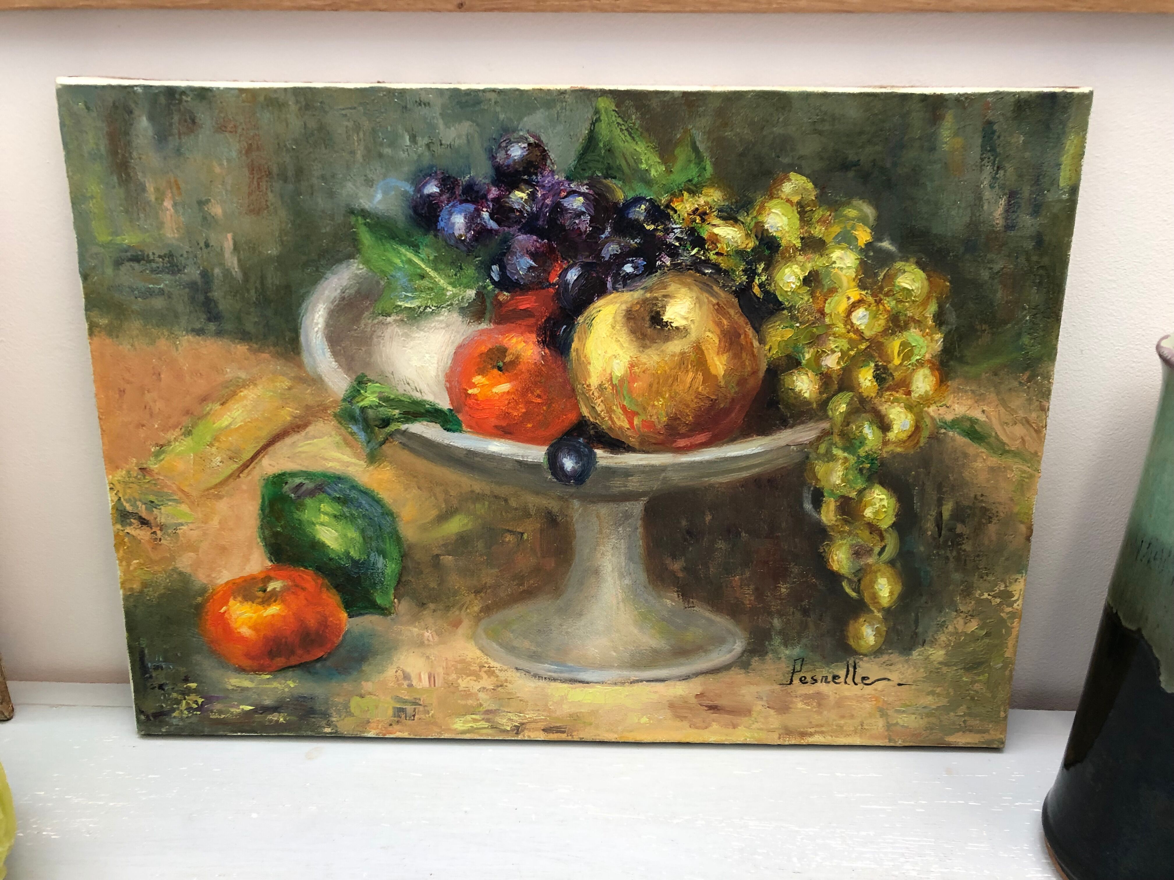 Painting, oil on canvas, still life, fruit cup, signed Pesnelle