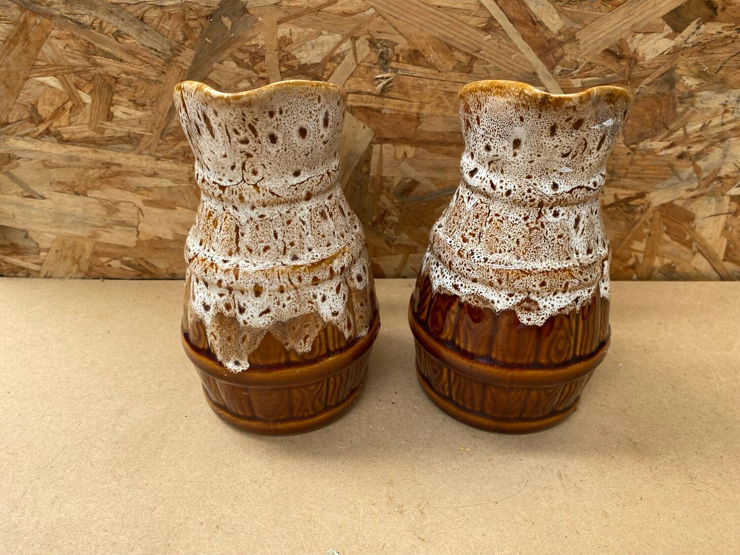 Pair Antique Brown Ceramic Barrel Shaped Pitchers Vintage