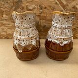 Pair Antique Brown Ceramic Barrel Shaped Pitchers Vintage