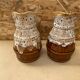 Pair Antique Brown Ceramic Barrel Shaped Pitchers Vintage
