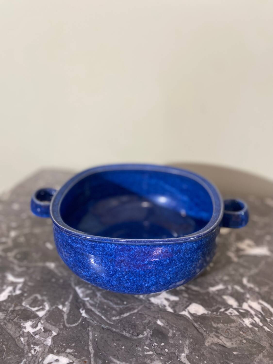Blue glazed stoneware dish