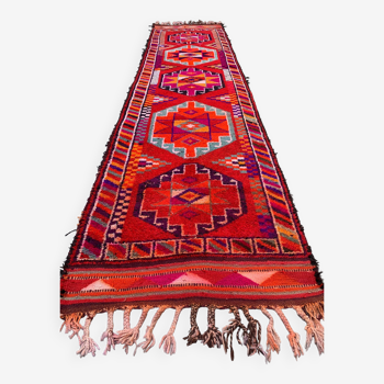 Vintage turc tribal runner 417x94 cm tapis en laine de teinture végétale tribal, fait à la main