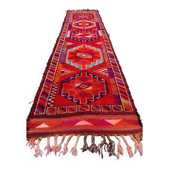 Vintage turc tribal runner 417x94 cm tapis en laine de teinture végétale tribal, fait à la main