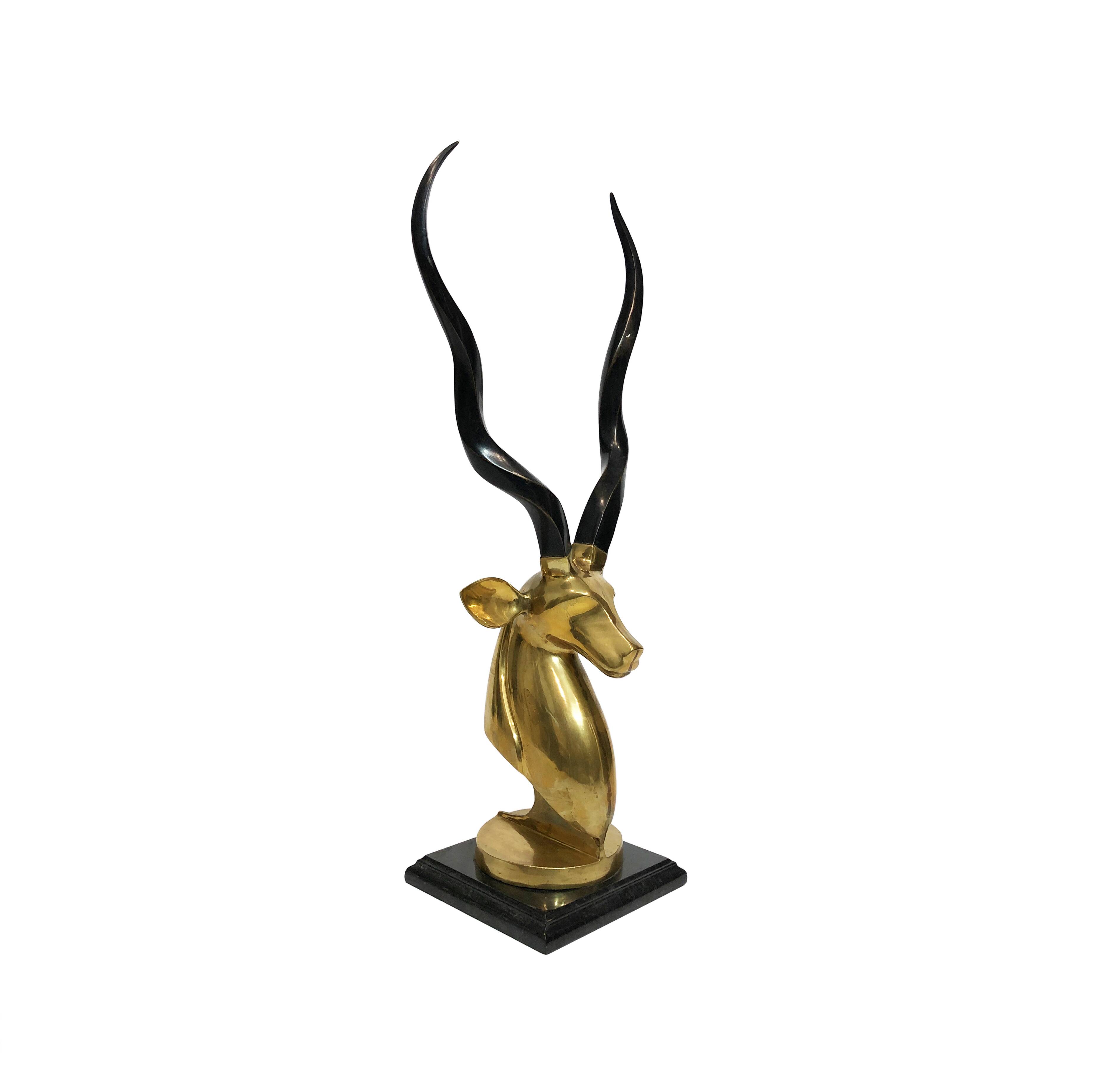 Brass Antelope Kudu Head Sculpture Marble 1970s