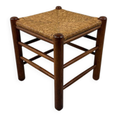 Tabouret en chêne avec assise en paille des années 1950-60.