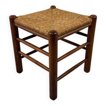 Tabouret en chêne avec assise en paille des années 1950-60.