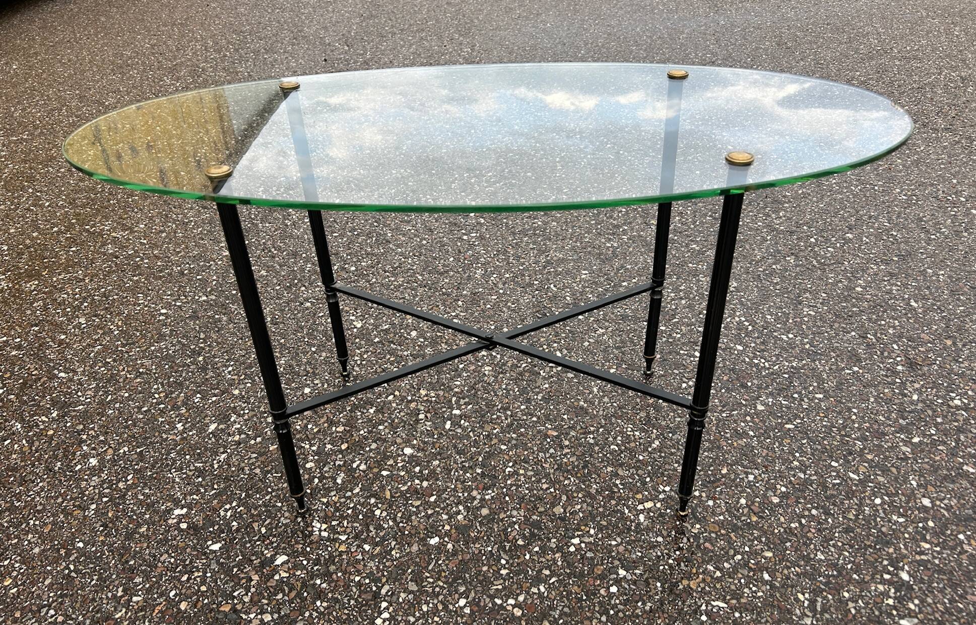 Oval glass and brass coffee table 1950