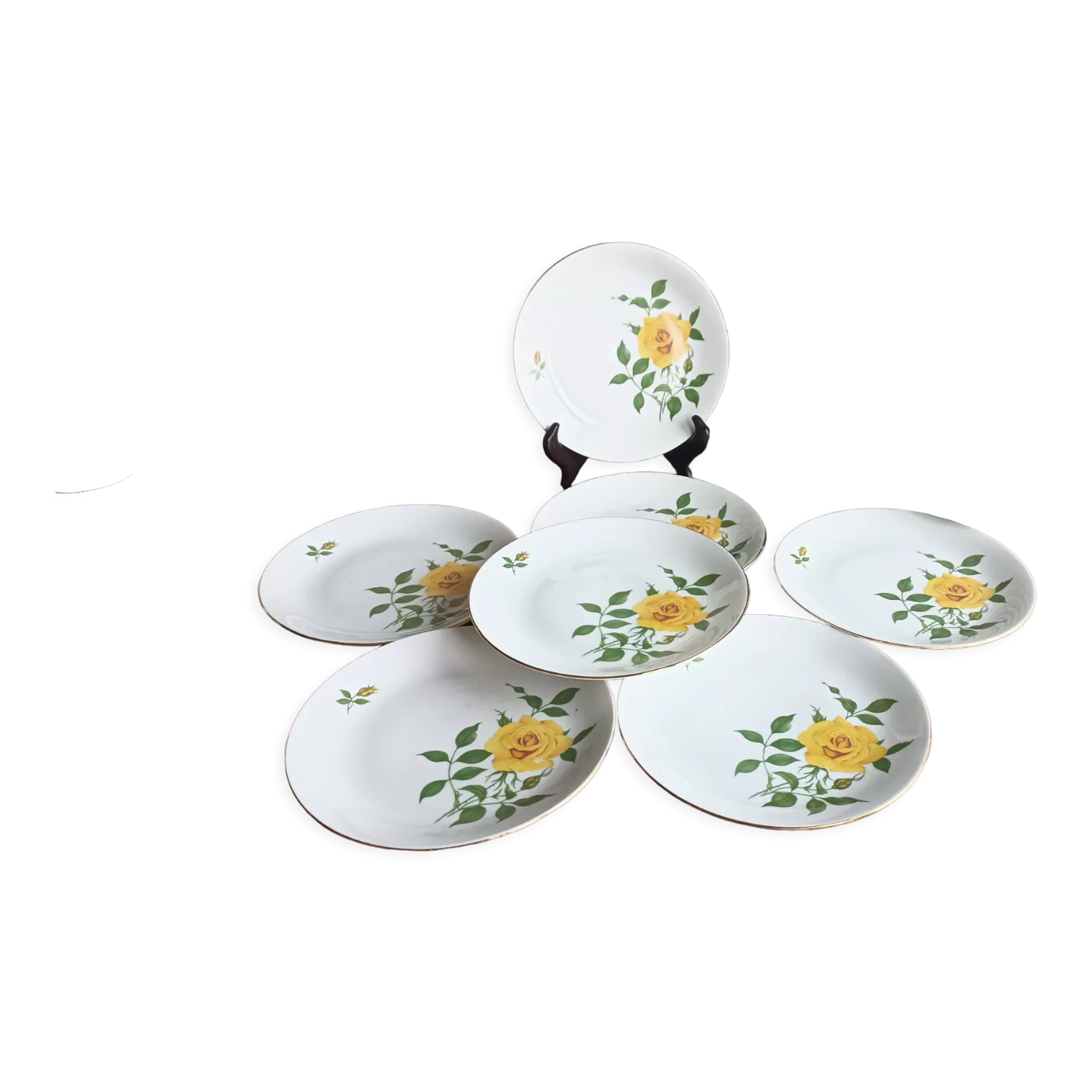 7 EPIAG Dallwitz dessert plates decorated with yellow roses