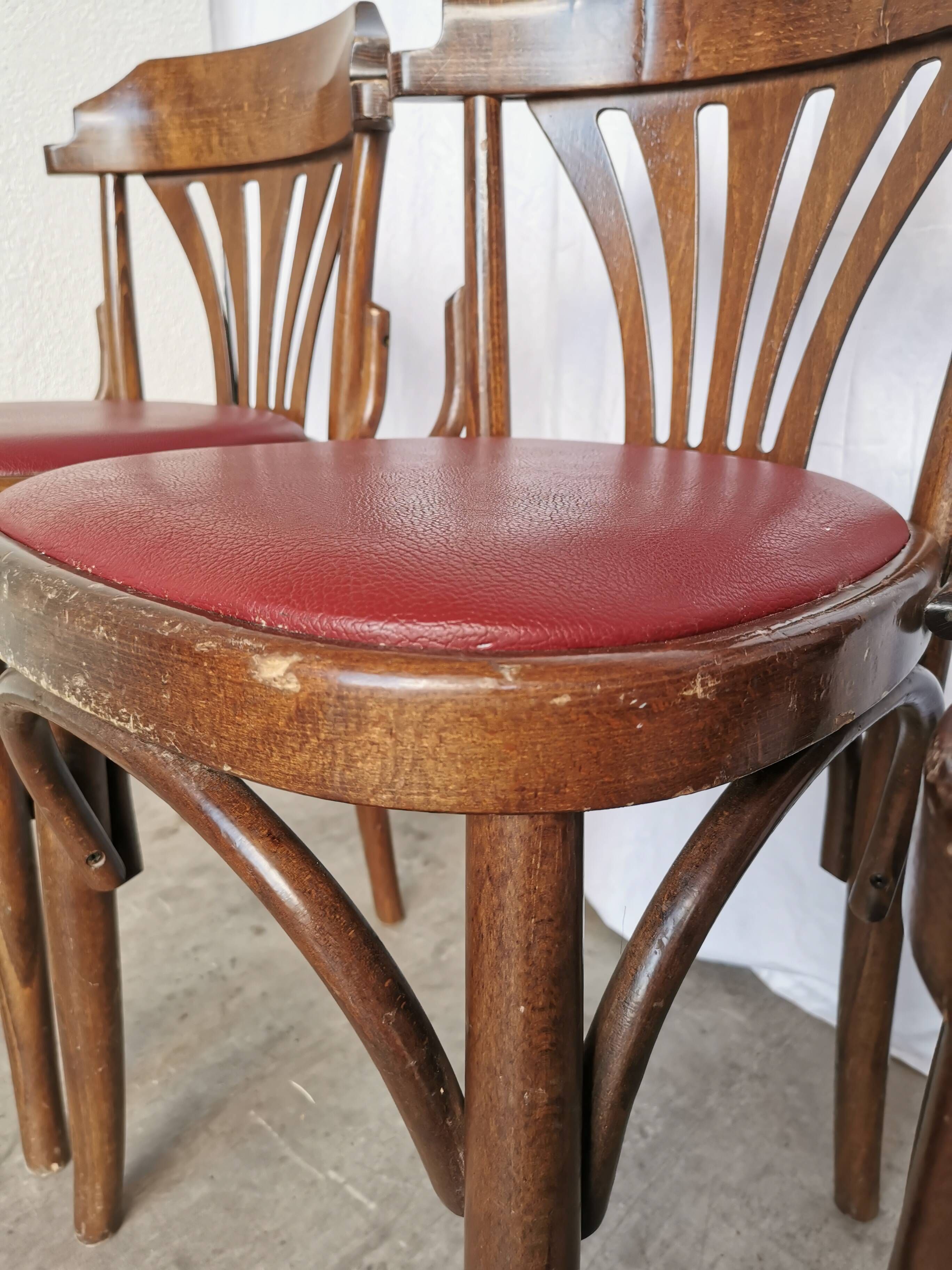 Vintage Bentwood Dining Chairs - Thonet Style - Red Faux Leather - Set of 4